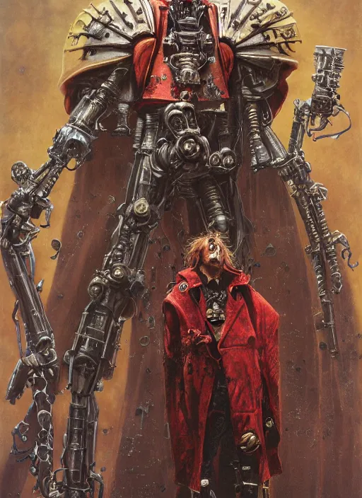 Image similar to portrait of rotten Nicolas Cage as adeptus mechanicus in red hood and robe from Warhammer 40000. Highly detailed, artstation, illustration by and John Blanche and zdislav beksinski and wayne barlowe and Gustav Klimt