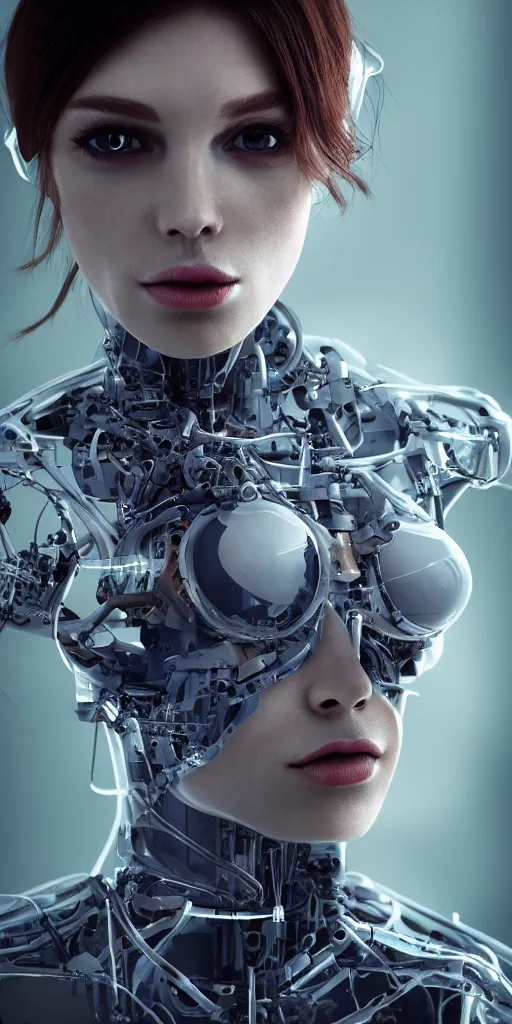 Image similar to Masterpiece full body portrait of a beautiful female cyborg with a beautiful face and flawless skin, parts of her body are made of transparent plastic, in a surreal dream landscape, eerie fog, cinematic lighting, 8k