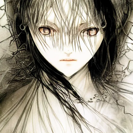Image similar to Yoshitaka Amano blurred and dreamy illustration of an anime girl with black eyes, wavy white hair and cracks on her face wearing elden ring armour with the cape fluttering in the wind, abstract black and white patterns on the background, noisy film grain effect, highly detailed, Renaissance oil painting, weird portrait angle