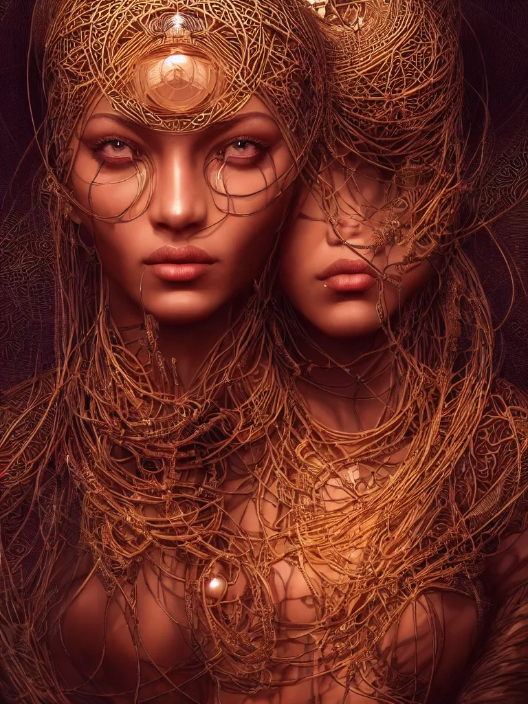 Image similar to a centered render of an alluring mystical tribal goddess adorned with cables and synthesizer parts is surrounded by sacred geometry, full body, gorgeous face, perfect face, powerful, cinematic, beautifully lit, by artgerm, by karol bak, 3 d, trending on artstation, octane render, 8 k