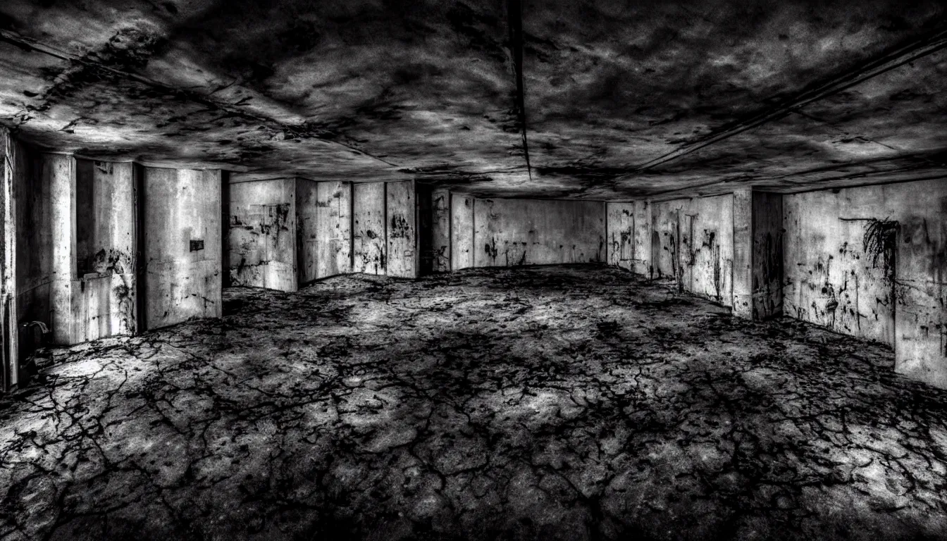 Prompt: haunted abandoned atomic nuclear bunker, dark, atmospheric, scary, claustrophobic, ambient vibe, very detailed, black and white, 4 k