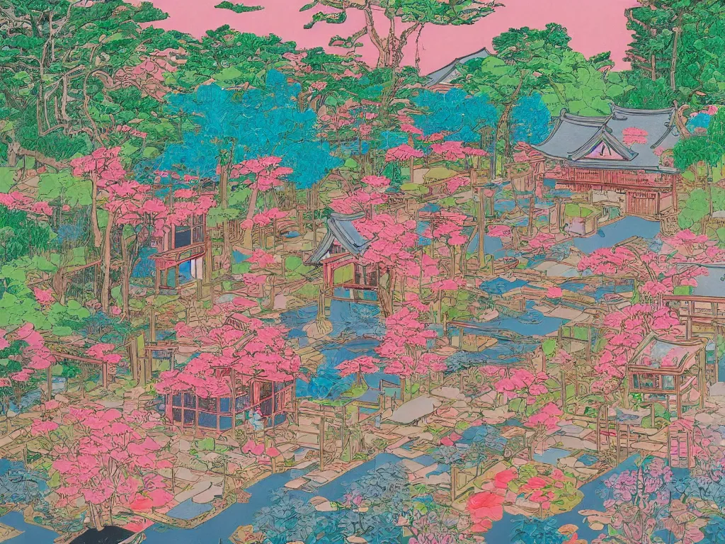 Image similar to image of a traditional japanese house with a garden, a pond in the garden, pink children are sitting around it, a combination of pop art and traditional japanese painting styles, the style of andy warhol and jackie tsai, bright palette, acrylic on canvas