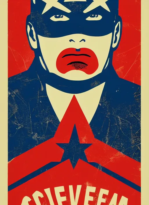 Prompt: Chris Evans Captain America Soviet Propaganda poster by Shepard Fairey, constructivist art, Organic Painting , Matte Painting, geometric shapes, collage, hard edges, graffiti, street art:2 by Shepard Fairey:4