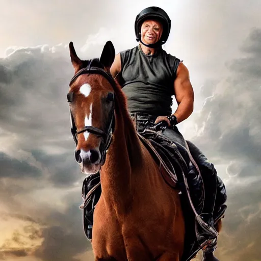 Prompt: Vin Diesel riding a horse in space