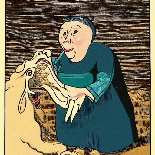 Image similar to an illustration of an old woman opening her mouth extremely wide and swallowing a whole goat