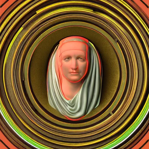 Image similar to a neon ring surrounding the head of a renaissance statue, 3 d render