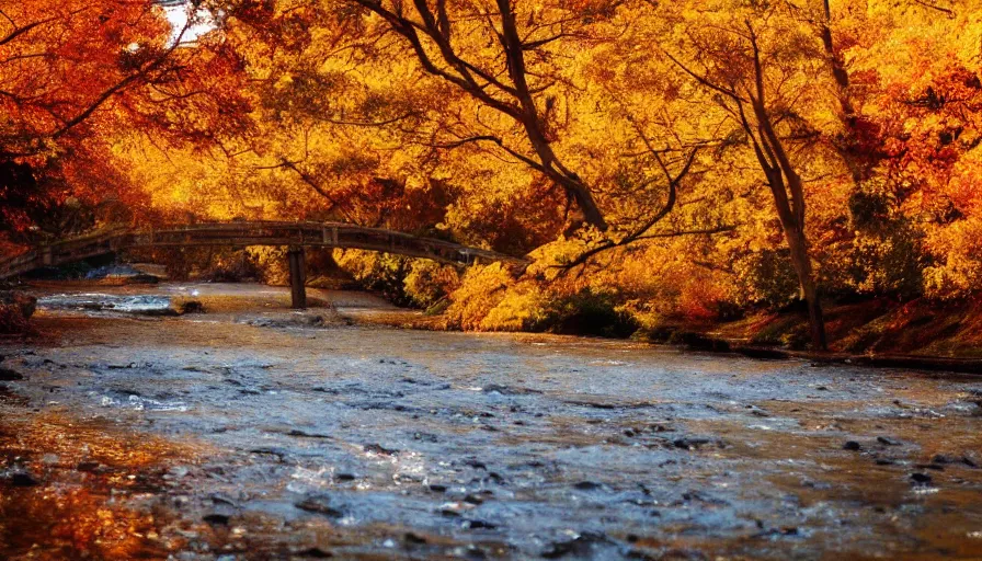 Image similar to a beautiful woman turning into a peaceful river, it's autumn and a gentle breeze is moving leaves around, cinematic lighting, establishing shot, art station