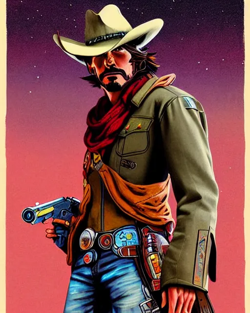 Prompt: mccree from overwatch, poncho blowing in the wind, space cowboy, character portrait, portrait, close up, concept art, intricate details, highly detailed, vintage sci - fi poster, retro future, vintage sci - fi art, in the style of chris foss, rodger dean, moebius, michael whelan, and gustave dore