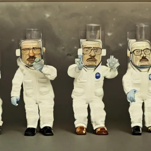 Image similar to Walter White on the moon, with test tubes and beakers filled with various liquids