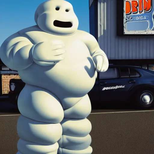 Image similar to the michelin man is standing in front of an applebee's restaurant. he has his hands behind his back in handcuffs. a police officer stands nearby holding a gun. the sun is going down. there is blood on the ground. ultra realistic, highly detailed, photography, vivid