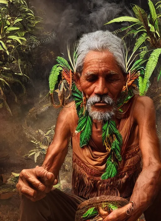 Image similar to a vision of the tobacco plant teacher spirit as an old indigenous man during an ayahuasca ceremony, surrounded by thick smoke, fractals, fantasy art, matte painting, highly detailed