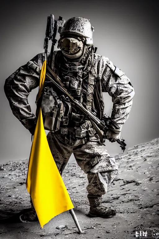 Image similar to ukranian infantry is fighting on mars, ukranian flag, dslr, 5 0 mm, f / 2. 8, studio lighting