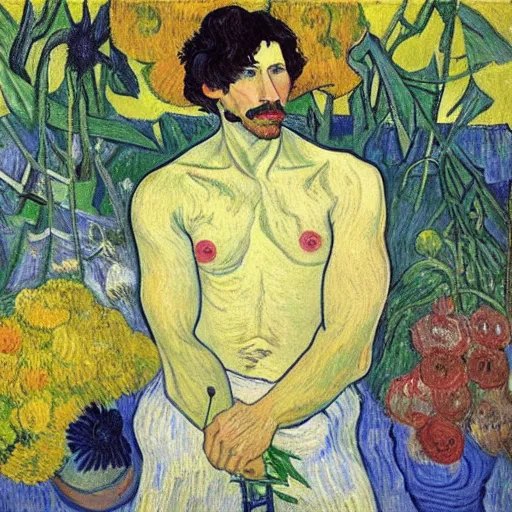 Prompt: body portrait of adam driver as a florist, long shot, painted by van gogh and gauguin