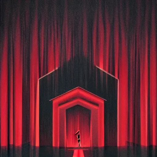 Prompt: the black lodge from Twin Peaks (1990), eerie surreal lynchian nightmare, red curtains, ominous, horror, 4k, art, trending on artstation, sharp focus