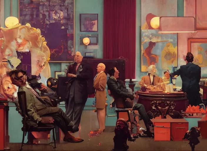 Prompt: a still from the movie godfather by of francis bacon and norman rockwell and james jean, a still from the movie thor : ragnarok, mark brooks, triadic color scheme, by greg rutkowski, syd mead and edward hopper and norman rockwell and beksinski, dark surrealism, orange and turquoise ans purple