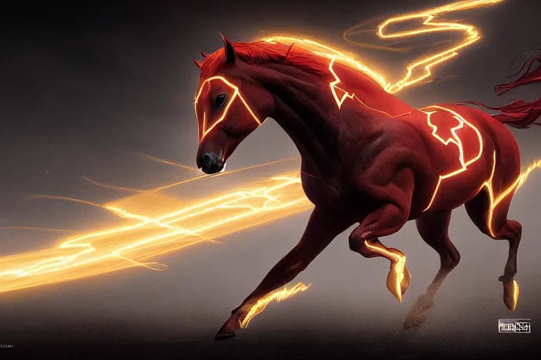 Image similar to a stunning digital painting of a horse as the flash in spandex costume, running in the speedforce by greg rutkowski, volumetric light, digital art, fine detail, photorealistic