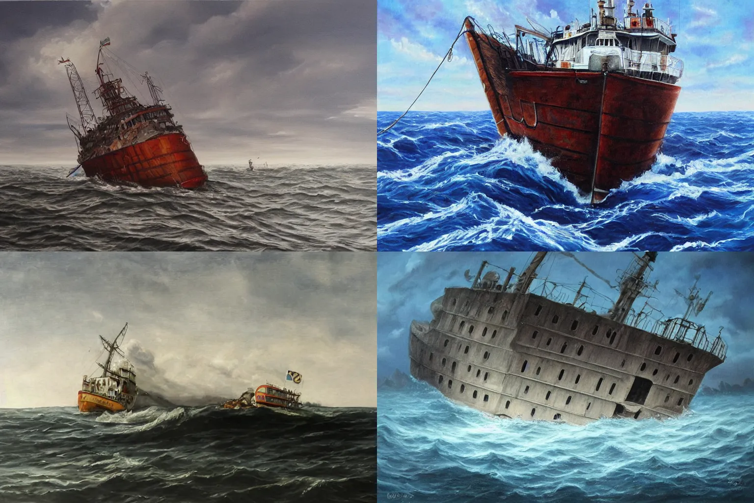 Prompt: realistic painting of a sinking ship
