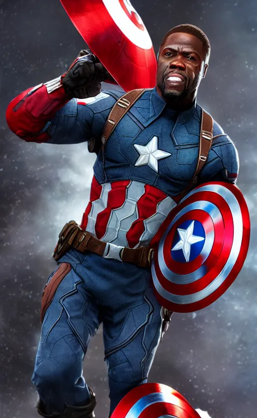 Image similar to kevin hart as captain america, dynamic lighting, photorealistic fantasy concept art, trending on art station, stunning visuals, creative, cinematic, ultra detailed