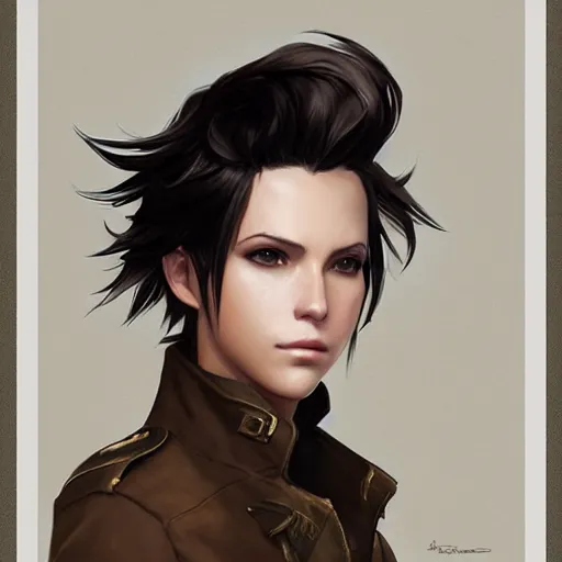 Image similar to a head and shoulders portrait with short black hair in a tan trenchcoat, from Final Fantasy XIII, retro, smooth, sharp focus, intricate, artstation, detailed concept art by Rutkowski and Mucha and sky sewa and Marc Simonetti