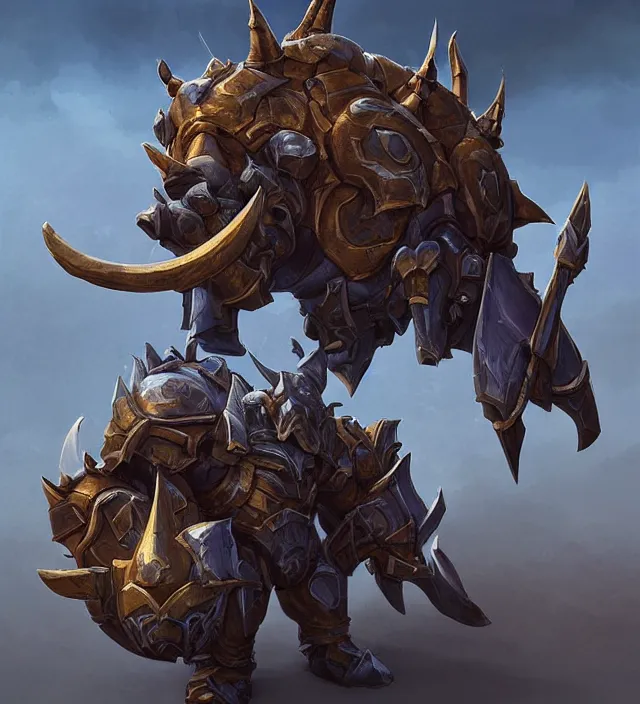 Image similar to “a well rendered anthropomorphic chibi sized rhinoceros portrait, world of Warcraft armor, subject in the center of the frame, rule of thirds, golden ratio, elegant, digital painting, octane 4k render, zbrush, hyperrealistic, artstation, concept art, smooth, sharp focus, illustration from World of Warcraft by Pixar and Disney and Justin Gerard”