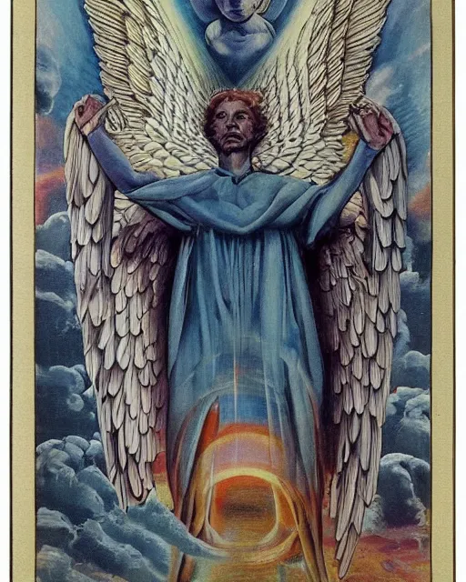 Image similar to surrealism : godly men from the realm of universe, hyperreal, detailed, the judgement an angel simetrical for the tarot of marseille, riddim, directorio