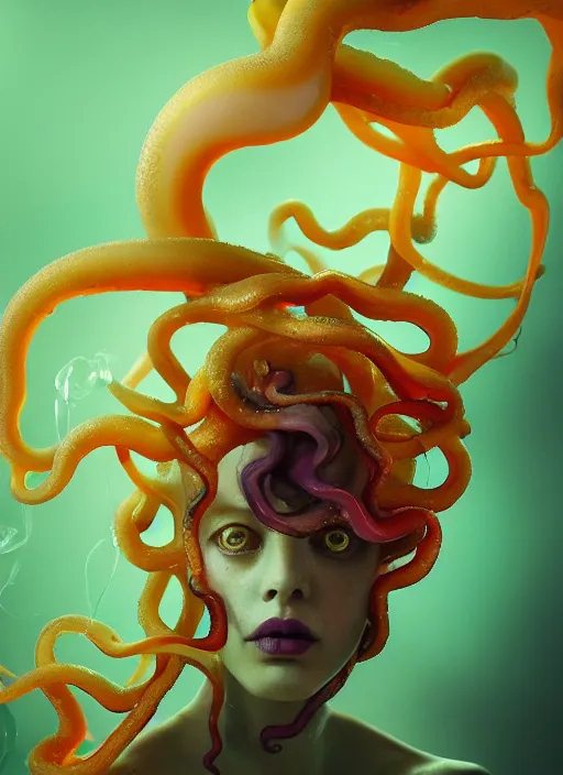 Image similar to subsurface scattering, medusa made of soft wax, cgsociety, translucent, organic squid and ceramic art nouveau swirls, golden orbs, colored smoke, in the style of alberto seveso and ruan jia and beeple and giger, mystical colors, back light, rim light, dramatic lighting, 8 k, stunning scene, raytracing, octane render