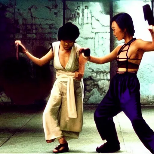 Prompt: kung fu hustle, two fighters, yuen qiu as the landlady, vs the mask, jim carry