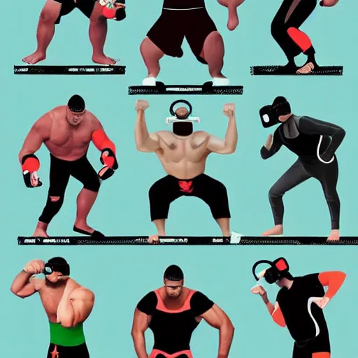 Image similar to wrestlers wearing vr headsets, vr goggles, shrugging, shrugging arms, tap out, fight club, tapping out, minimalistic, trending on art station, poster art by grzegorz domaradzki