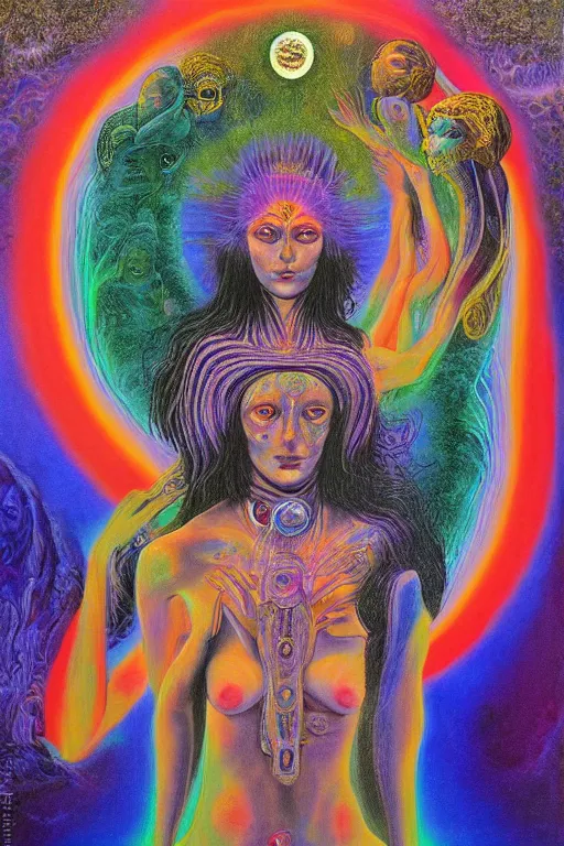 Image similar to mystic cult girl performing psychedelic third eye ritual, expanding energy into waves into the ethos, epic surrealism 8k oil painting, high definition, post modernist layering, by Ernst Fuchs, John Howe