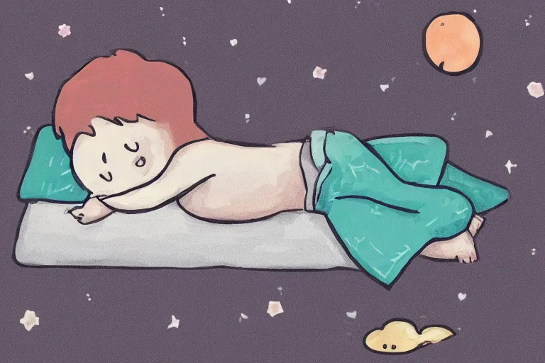 Image similar to Digital illustration of a kid sleeping on his bed at night, cute