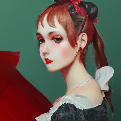 Image similar to a girl wearing lolita clothes, red lipstick, ponytail, highly detailed, digital painting, artstation, concept art, smooth, sharp focus, illustration