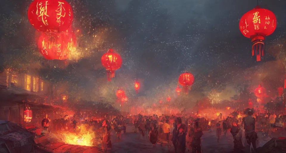 Image similar to craig mullins and ghibli digital art of zhongyuan festival in china ， red lanterns ， gohst door with fire in thes ky, black night sky, stars, below is the crowd, rivers, villages ， unreal engine, hyper realism, realistic shading, cinematic composition, realistic render, octane render, detailed textures, photorealistic, wide shot