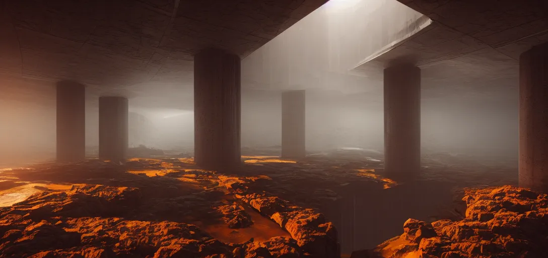 Image similar to dramatic view of empty brutalist underground structure, giant towering pillars, heavy glowing orange fog, unreal engine, dramatic lighting, detailed, ambient occlusion, global illumination, god rays, 3 d artstation render by greg rutowski and jessica rossier