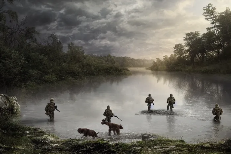 Image similar to a cinematic headshot portrait, of a squad of special soldiers emerging from the water, with dogs, in a vast serene landscape, with trees and rivers, detailed, deep focus, movie still, dramatic lighting, by michal karcz and yoshitaka amano