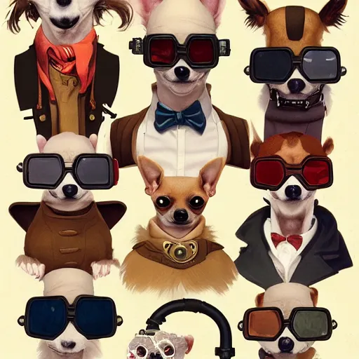 Image similar to ripped physique goggles collar Man Steampunk portrait Sherlock Patrick Bateman snout Detective Anthropomorphic furry fuzzy fashion vogue Chihuahua man wearing a Chihuahua costume wearing an engineer gnome costume gerald brom bastien grivet greg rutkowski norman rockwell portrait face head snout ears eyes illustration tombow