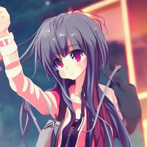 Image similar to an anime girl making finger guns at the camera, tsundere aesthetic, anime key visual
