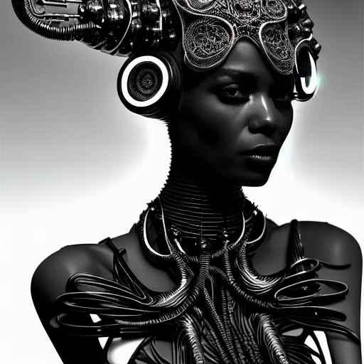 Image similar to portrait of an absurdly beautiful, graceful, sophisticated, fashionable black cyberpunk mechanoid gravure idol, hyperdetailed illustration by irakli nadar, maria borges, matt wisniewski style, intricate linework, dark black skin, neon jellyfish headdress, carved bone ruff, unreal engine 5 highly rendered, global illumination, radiant light, detailed and intricate environment