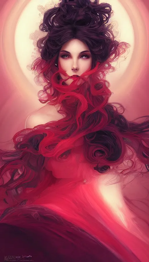 Image similar to portrait of magical paladin , dark fantasy, gradient red black, dreamy and ethereal, (colour) eyes, peaceful expression, ornate frilly dress, fantasy, intricate, elegant, rainbow bubbles, highly detailed, digital painting, artstation, concept art, smooth,b sharp focus, illustration, art by artgerm and greg rutkowski and alphonse mucha