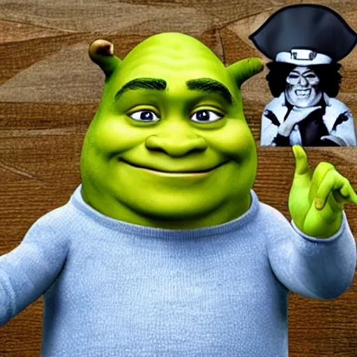 Image similar to shrek in a pirate hat with an eye patch grinning after just rick rolling an entire group