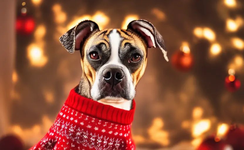 Image similar to studio photography of a dog wearing a woolen christmas sweater, detailed face, cinematic lighting, 8 k