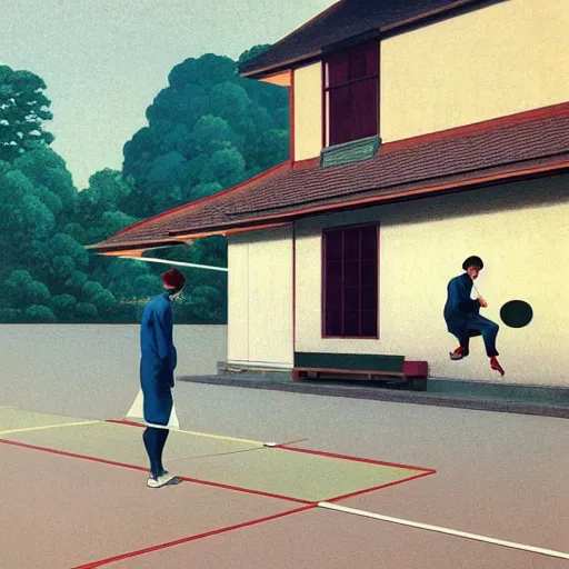 Image similar to playing badminton, by kawase hasui, Edward Hopper and James Gilleard, Zdzislaw Beksinski, Steven Outram colorful flat surreal design, hd, 8k, artstation