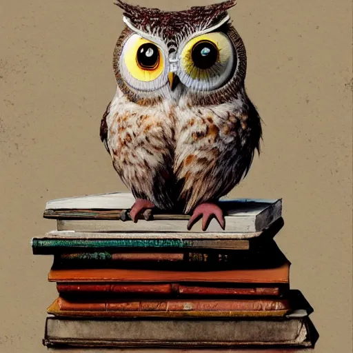 Image similar to long shot of a very cute plushy owl with sleepy eyes sitting on a pile of antique books, by esao andrews, by james jean, humorous illustration, hyperrealistic, big depth of field, fresh colors, dim light, 3 d octane render conceptart, 4 k, hyperdetailed, trending on artstation