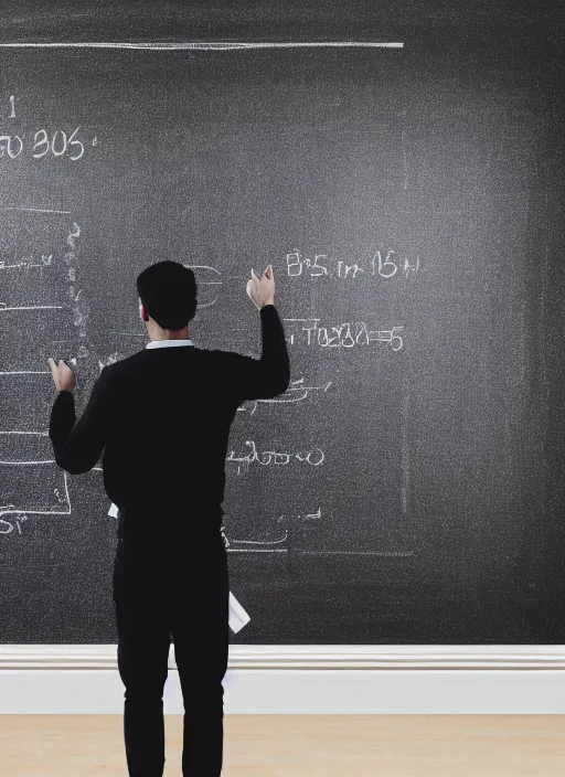 Image similar to a 3 5 mm photo from the back of a teacher standing in front of a blank blackboard, symmetrical, bokeh, canon 5 0 mm, cinematic lighting, film, photography, depth of field, award - winning, bokeh