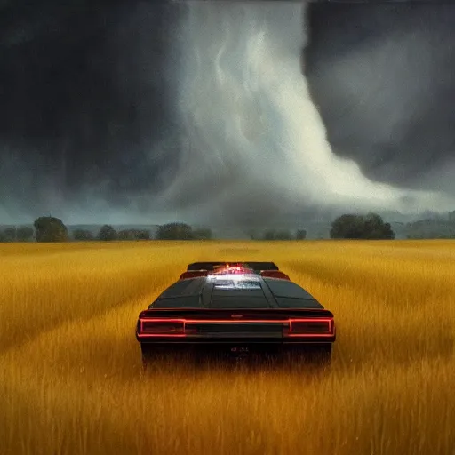 Image similar to a tornado in a field by Adam Wyeth, stormy weather, extremely detailed masterpiece, oil on canvas, low-key neon lighting, artstation, Blade Runner 2049, Roger Deakin’s cinematography, by J. C. Leyendecker and Peter Paul Rubens,