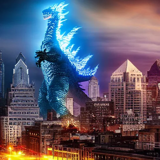 Image similar to godzilla destroying center city philadelphia, high quality, high resolution