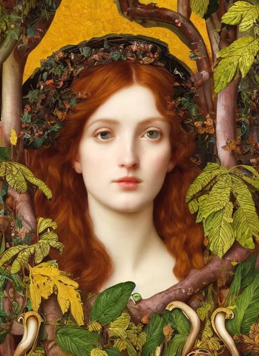 Prompt: masterpiece beautiful seductive flowing curves preraphaelite face portrait amongst leaves, extreme close up shot, straight bangs, thick set features, yellow ochre ornate medieval dress, magpie, amongst foliage mushroom forest circle arch framing, kilian eng and frederic leighton and rosetti, 4 k