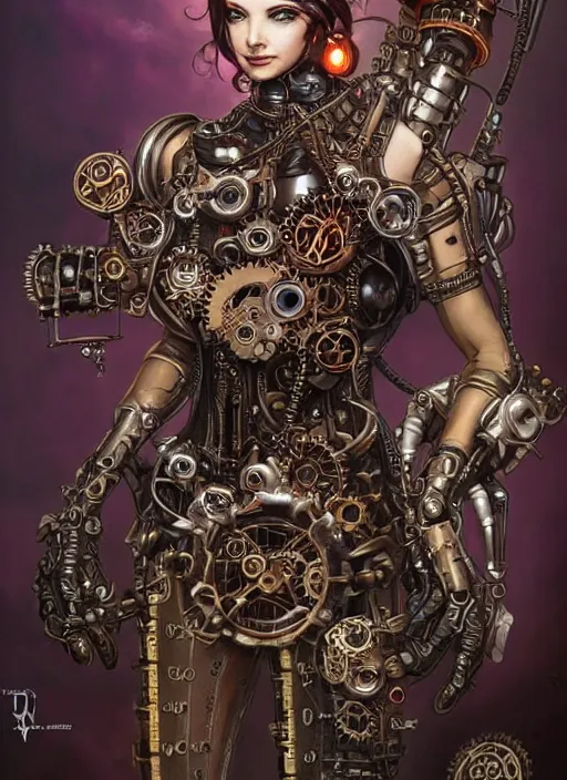 Image similar to front portrait of attractive Lady Mechanika with retro-cyborg arms made of gears and levers, Intrincate steampunk imagery , D&D!, fantasy style, sharp focus!, ultra detailed, art by Artgerm and Peter Andrew Jones, WLUP