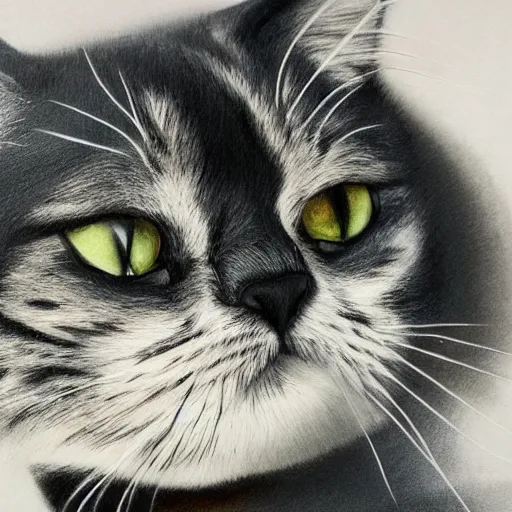 Prompt: Cat drawning himself with brush on canvas, realistic 3d render,