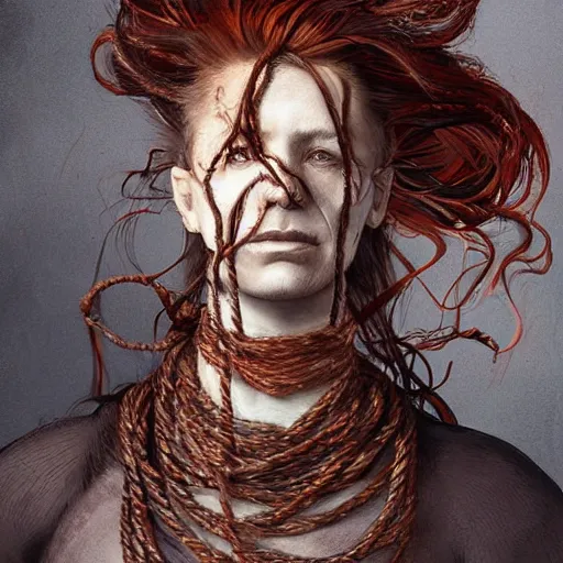 Image similar to portrait of a Shibari rope wrapped face and neck, headshot, insanely nice professional hair style, dramatic hair color, digital painting, of a old 15th century, old cyborg merchant, amber jewels, baroque, ornate clothing, scifi, realistic, hyperdetailed, chiaroscuro, concept art, art by Franz Hals and Jon Foster and Ayami Kojima and Amano and Karol Bak,