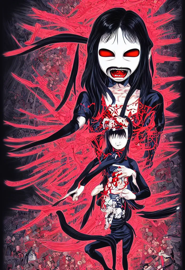 Image similar to a comic book style japanese horror poster of ninja girl with large eyes by dan mumford, yusuke murata and junji ito, blood lines, yokai, shinigami, eyes, shurikens, kanji, 8k, unreal engine, trending on artstation, pixiv, intricate details, volumetric lighting